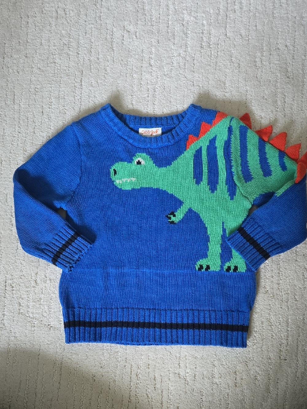 CAT & JACK • Blue Knit Sweater with Green Dino and Orange Spikes, 2T
